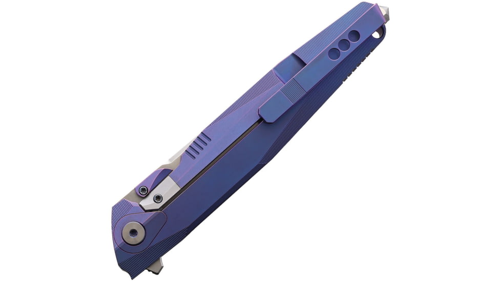 Rike Knife 1707SB Tiium Blue Framelock Folding Pocket Folding Knife, 3.75in Satin M390 SS Drop Point, Blue Anodized Titanium Handle, Pocket Clip, Black Nylon Zippered Case, Blue, 1707S BLUE