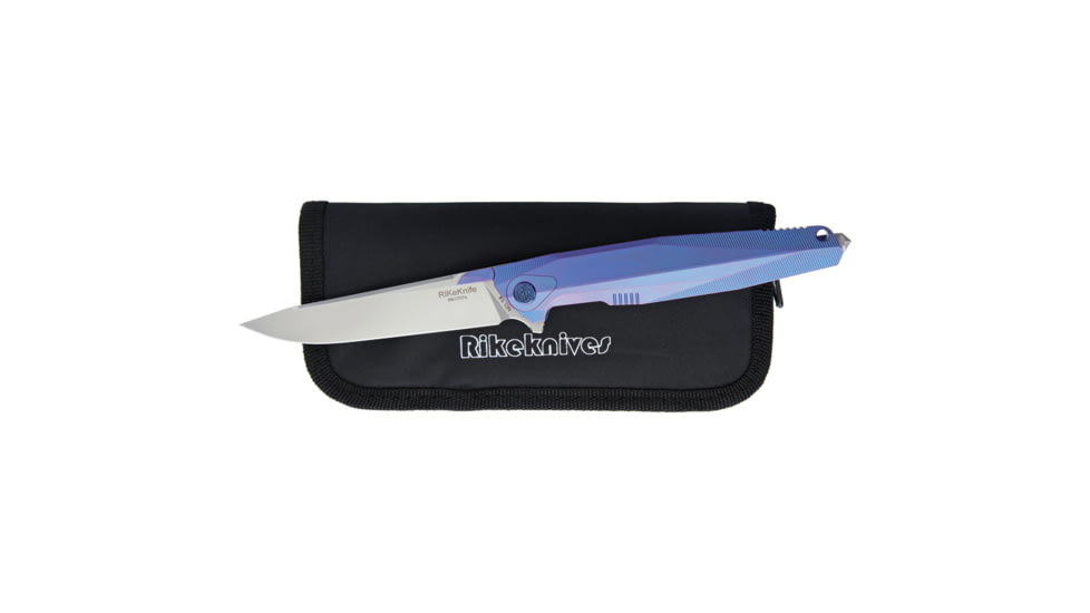 Rike Knife 1707SB Tiium Blue Framelock Folding Pocket Folding Knife, 3.75in Satin M390 SS Drop Point, Blue Anodized Titanium Handle, Pocket Clip, Black Nylon Zippered Case, Blue, 1707S BLUE
