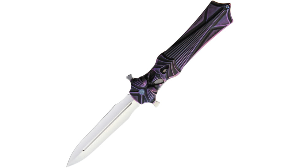 Rike Knife Amulet Linerlock Purple Folding Knife, 3.75 mirror finish double edge Bohler M390 stainl, Black and purple sculpted titanium handle, RKAMULETBP