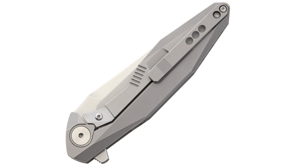 Rike Knife Framelock M390 Blade Folding Knife, 3.25in Satin Bohler M390 SS Drop Point, Gray Titanium Handle, Pocket Clip, Black Nylon Case, RK1508S