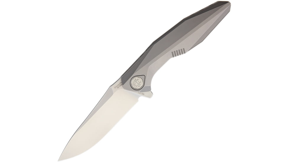 Rike Knife Framelock M390 Blade Folding Knife, 3.25in Satin Bohler M390 SS Drop Point, Gray Titanium Handle, Pocket Clip, Black Nylon Case, RK1508S