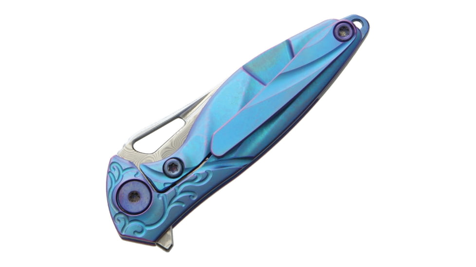 Rike Knife Hummingbird Framelock Folding Knife, 1.63in Damasteel Ds93X Drop Point, Blue Anodized Titanium Handle, Thumb Pull, Pocket Clip, Black Kydex Neck Sheath, MINI BLUE