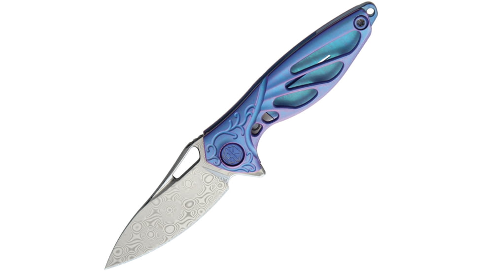 Rike Knife Hummingbird Framelock Folding Knife, 1.63in Damasteel Ds93X Drop Point, Blue Anodized Titanium Handle, Thumb Pull, Pocket Clip, Black Kydex Neck Sheath, MINI BLUE