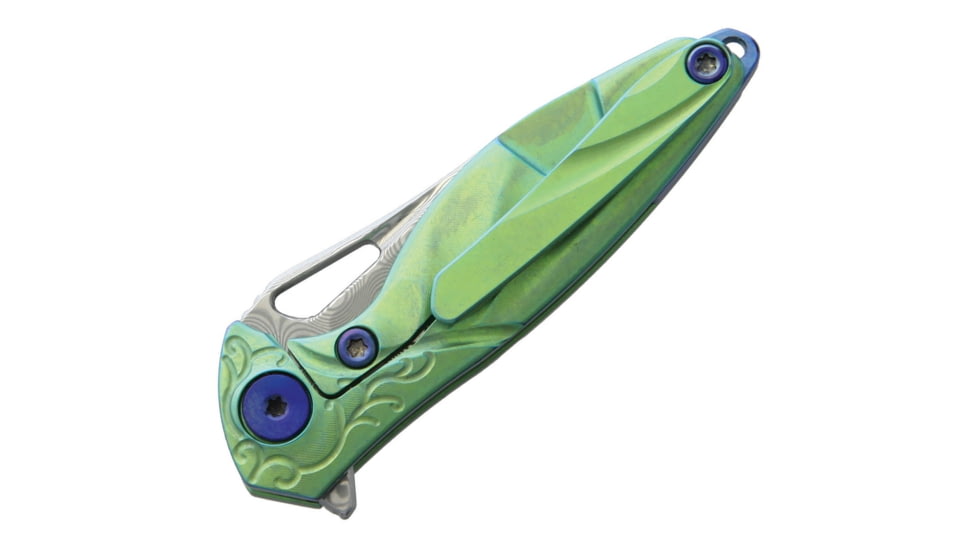 Rike Knife Hummingbird Framelock Folding Knife, 1.63in Damasteel Ds93X Drop Point, Green Anodized Titanium Handle, Thumb Pull, Pocket Clip, Black Kydex Neck Sheath, MINI GREEN