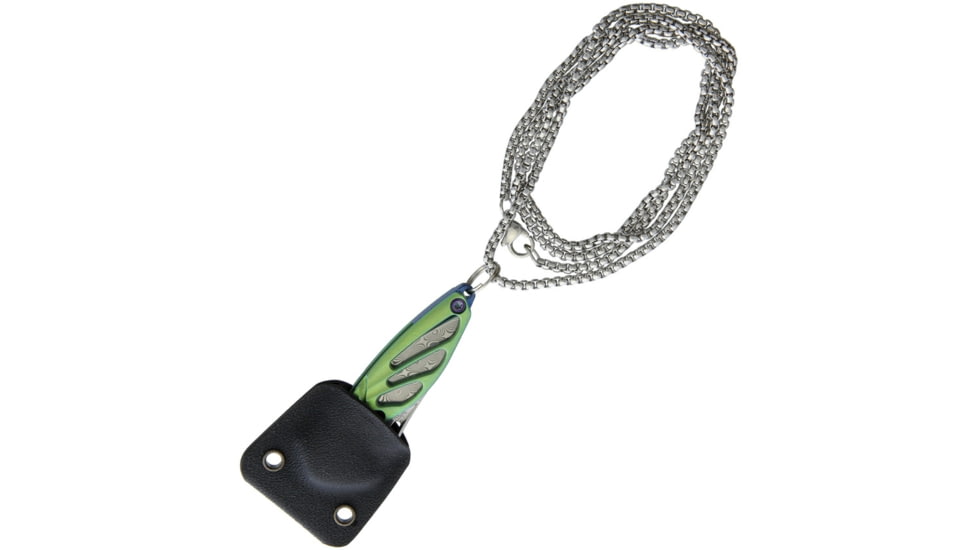 Rike Knife Hummingbird Framelock Folding Knife, 1.63in Damasteel Ds93X Drop Point, Green Anodized Titanium Handle, Thumb Pull, Pocket Clip, Black Kydex Neck Sheath, MINI GREEN