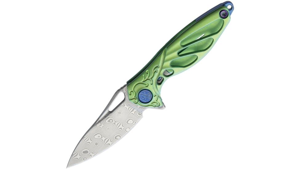 Rike Knife Hummingbird Framelock Folding Knife, 1.63in Damasteel Ds93X Drop Point, Green Anodized Titanium Handle, Thumb Pull, Pocket Clip, Black Kydex Neck Sheath, MINI GREEN