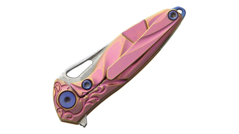 Rike Knife Hummingbird Framelock Folding Knife, 1.63in Damasteel Ds93X Drop Point, Pink Anodized Titanium Handle, Pocket Clip, Thumb Pull, Black Kydex Neck Sheath, MINI PINNK