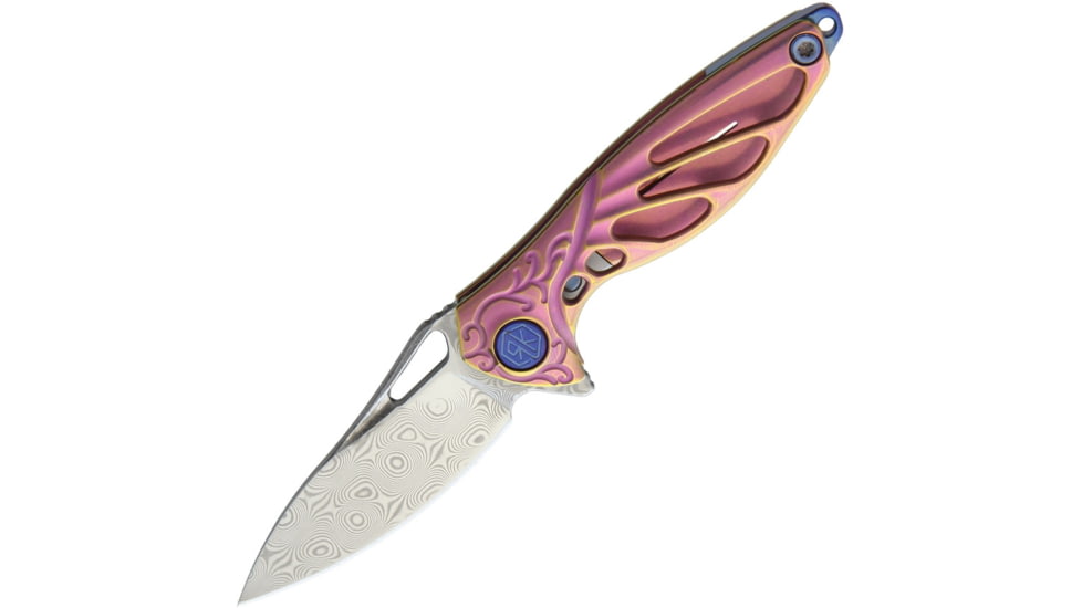 Rike Knife Hummingbird Framelock Folding Knife, 1.63in Damasteel Ds93X Drop Point, Pink Anodized Titanium Handle, Pocket Clip, Thumb Pull, Black Kydex Neck Sheath, MINI PINNK