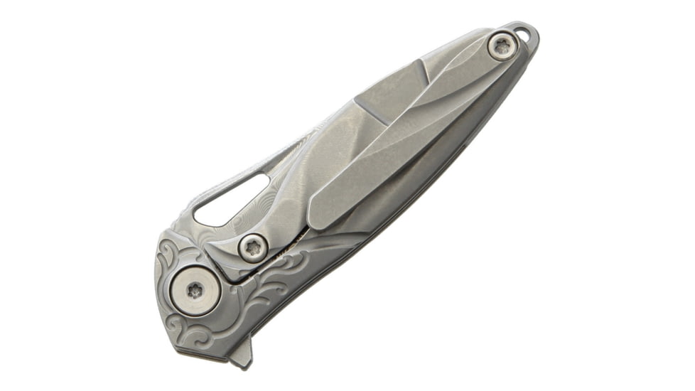 Rike Knife Hummingbird Framelock Folding Knife, 1.63in Damasteel Ds93X Drop Point, Satin Titanium Handle, Pocket Clip, Thumb Pull, Black Kydex Neck Sheath, MINI PLAIN