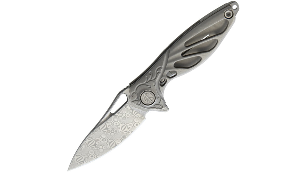 Rike Knife Hummingbird Framelock Folding Knife, 1.63in Damasteel Ds93X Drop Point, Satin Titanium Handle, Pocket Clip, Thumb Pull, Black Kydex Neck Sheath, MINI PLAIN