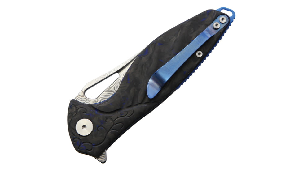 Rike Knife Hummingbird Plus Linerlock Folding Knife, 3.5 Damasteel blade, Black and blue carbon fiber handle, RKHBPDBCF