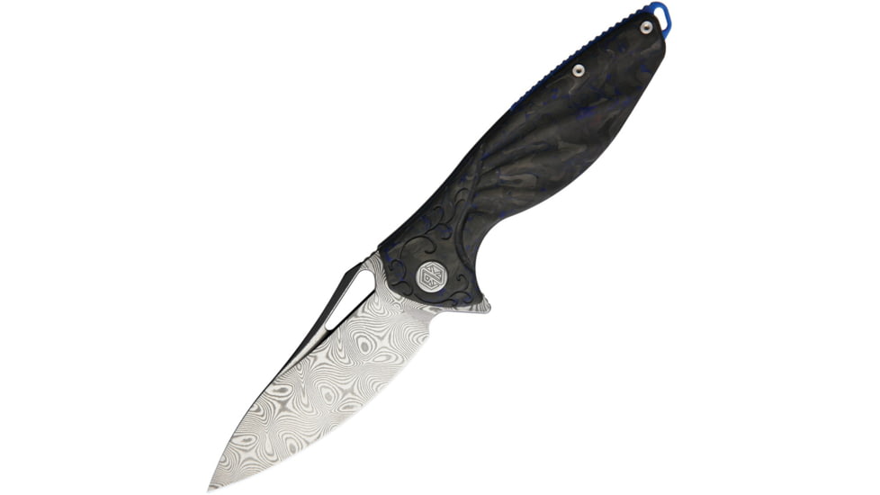 Rike Knife Hummingbird Plus Linerlock Folding Knife, 3.5 Damasteel blade, Black and blue carbon fiber handle, RKHBPDBCF