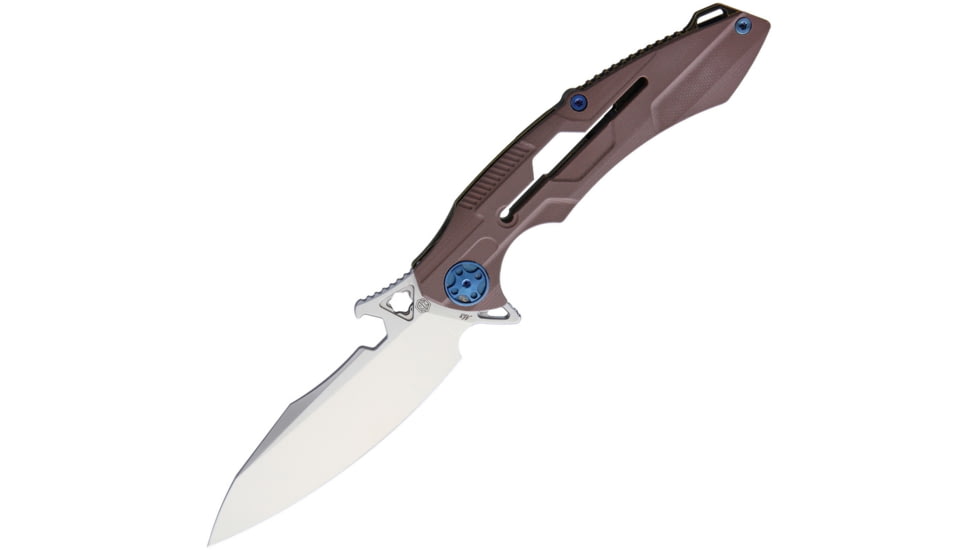 Rike Knife M1 Framelock Folding Knife, 4in Mirror 154Cm SS Blade, Brown G10 Handle With Bronze Titanium Back Handle, Pocket Clip, Black Nylon Case, RKM3-KB