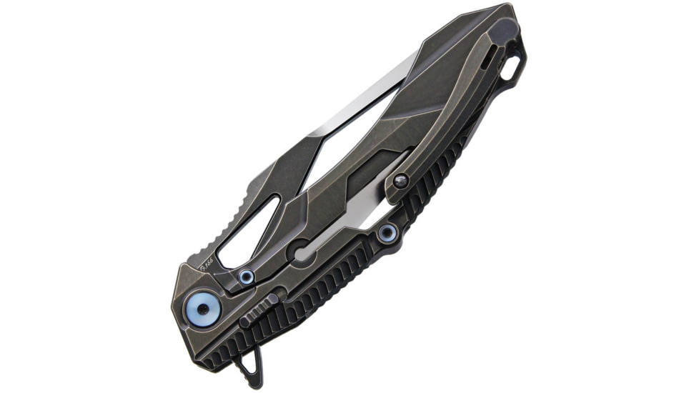 Rike Knife M1 Framelock Folding Knife, 4in S35Vn SS Tanto Blade, Black Stonewash Titanium Handle, Thumb Pull, Pocket Clip, Black Stonewash And Satin Blade, Black Nylon Case, M1BS