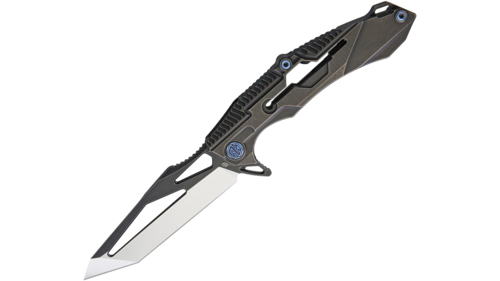 Rike Knife M1 Framelock Folding Knife, 4in S35Vn SS Tanto Blade, Black Stonewash Titanium Handle, Thumb Pull, Pocket Clip, Black Stonewash And Satin Blade, Black Nylon Case, M1BS
