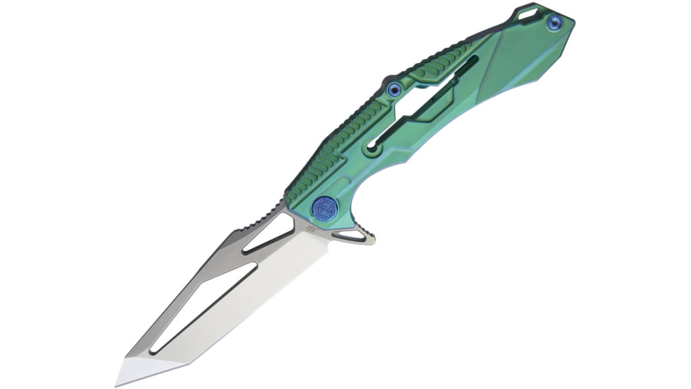 Rike Knife M1 Framelock Folding Knife, 4in S35Vn SS Tanto Blade, Green Stonewash Titanium Handle, Pocket Clip, Thumb Pull, Stonewash And Satin Blade, Black Nylon Case, M1 GREEN