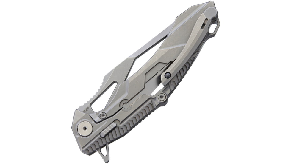Rike Knife M1 Framelock Folding Knife, 4in S35Vn SS Tanto Blade, Stonewash Titanium Handle, Pocket Clip, Thumb Pull, Stonewash And Satin Blade, Black Nylon Case, M1-SW