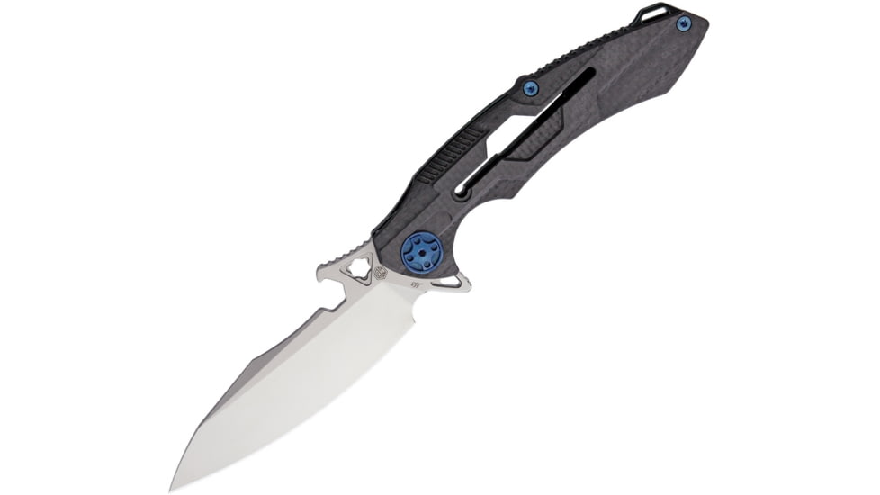 Rike Knife M1 Framelock Folding Knife, 4in Satin Bohler M390 SS Blade, Carbon Fiber Handle With Green Anodized Titanium Back Handle, Pocket Clip, Black Nylon Case, M3-CFG