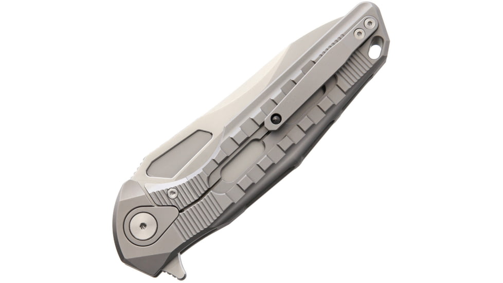 Rike Knife Thor 3 M390 Blade Framelock Folding Pocket Folding Knife, 3.75in Satin Bohler M390 SS Modified Tanto Blade, Gray Sculpted Titanium Handle, Brown Leather Sleeve, Black Nylon Case, THOR3