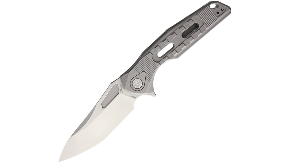 Rike Knife Thor 3 M390 Blade Framelock Folding Pocket Folding Knife, 3.75in Satin Bohler M390 SS Modified Tanto Blade, Gray Sculpted Titanium Handle, Brown Leather Sleeve, Black Nylon Case, THOR3