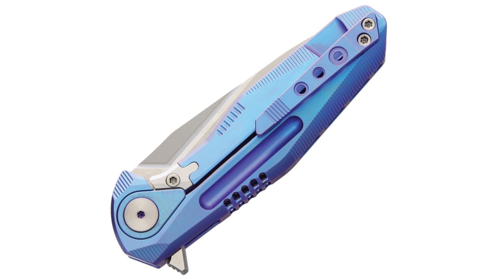 Rike Knife Thor 4 M390 Blade Framelock Folding Pocket Folding Knife, 2.5in Satin Bohler M390 SS Drop Point, Blue Anodized Titanium Handle, Pocket Clip, Brown Leather Sleeve, THOR4S-BLUE