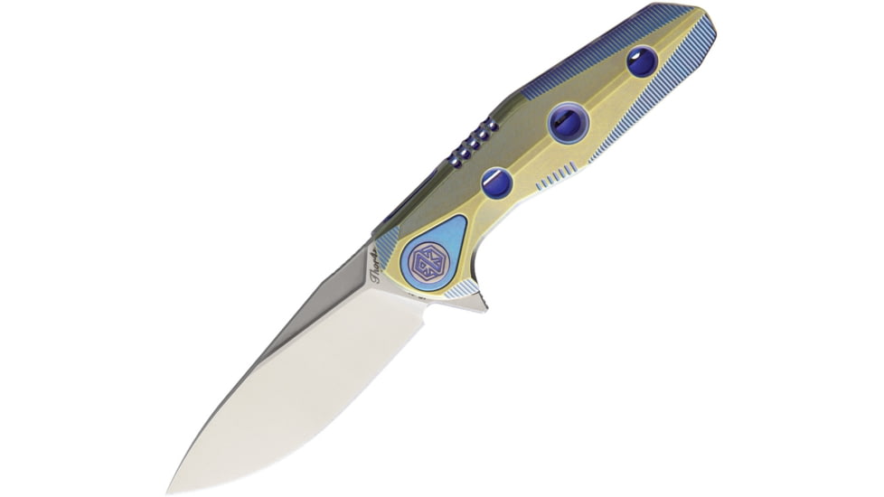 Rike Knife Thor 4 M390 Blade Framelock Folding Pocket Folding Knife, 2.5in Satin M390 SS Drop Point, Anodized Titanium Handle, Pocket Clip, Blue/Gold Handle, Brown Leather Sleeve, THOR4S/GOLD BLUE