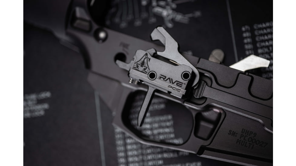 RISE Armament Rave 9 mm PCC Trigger with Anti-Walk Pins, Flat Blade, Black, T017F-PCC-BLK