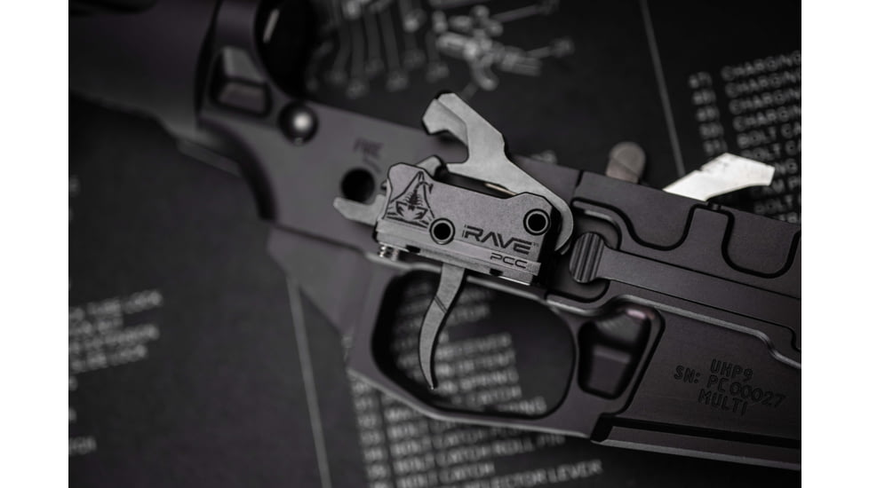 RISE Armament Rave 9mm PCC Trigger with Anti-Walk Pins, Curved Blade, Black, T017-PCC-BLK