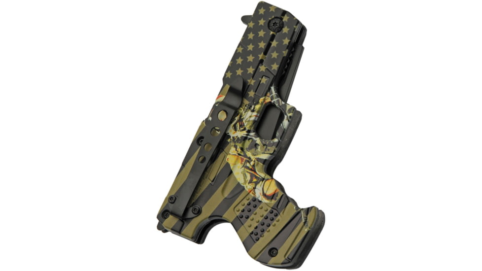 Rite Edge Gun Soldier A/O Folding Knife, 4.75in Closed, 3.75in Black Finish Stainless Steel Blade, Green ABS Handle, Soldier Handle Artwork, 300227-CM