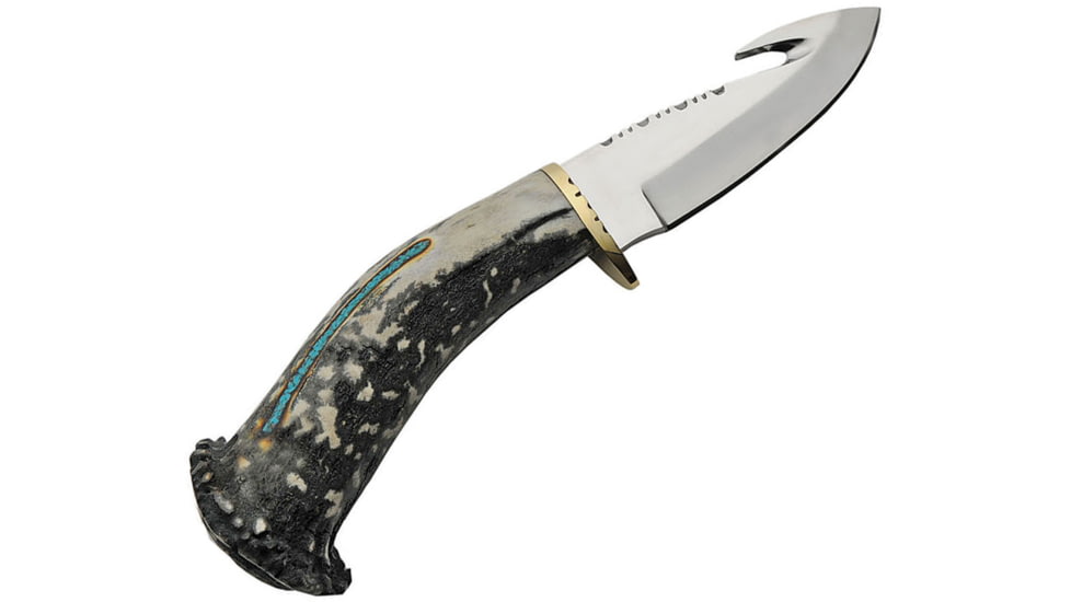 Rite Edge Guthook Knife, 4.25 mirror finish stainless guthook blade, Deer stag handle with turquoise inlay, RU-DHB2