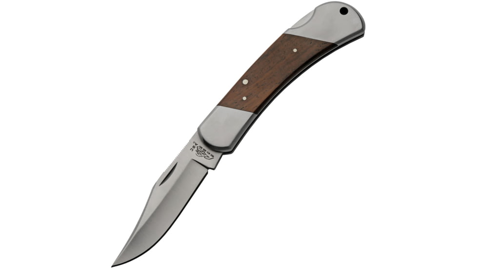 Rite Edge Lockback Brown Wood Folding Knife, 5in Closed, 3.88in Satin 440C Clip Point Blade, Brown Wood Handle, Leather Sheath, RUC-4000WD