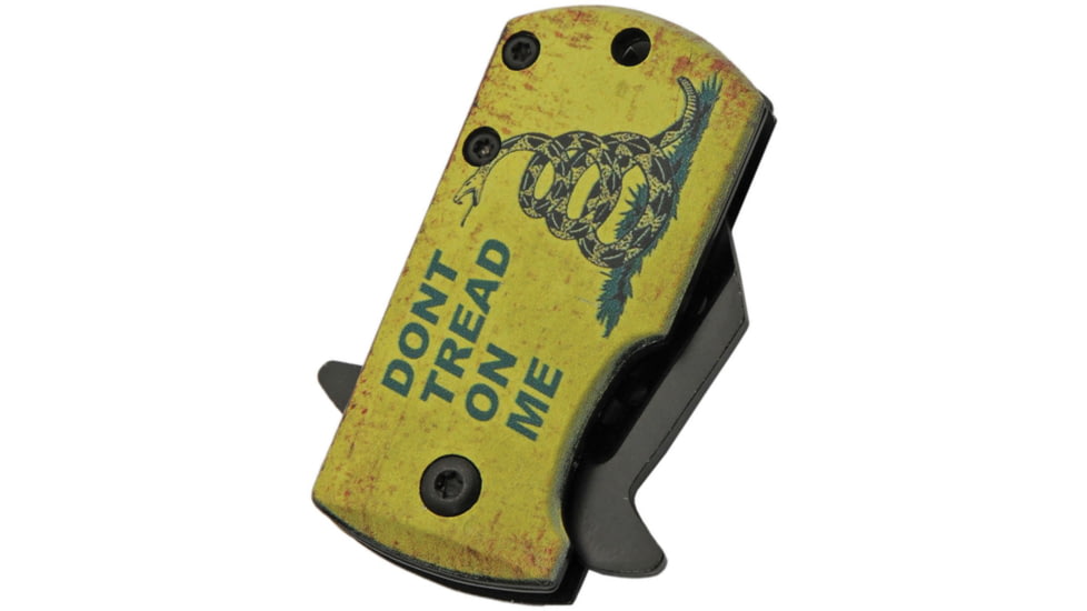 Rite Edge Money Clip Tread A/O Folding Knife, 2.25in Closed, 1.5in Black SS Sheepsfoot Blade, Aluminum Handle, Don't Tread On Me Handle Artwork, 300590-YW