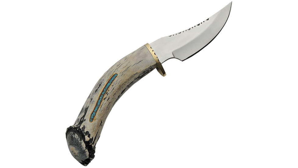 Rite Edge Skinner Knife, 4.25 mirror finish stainless skinner blade, Deer stag handle with turquoise inlay, RU-DHB1