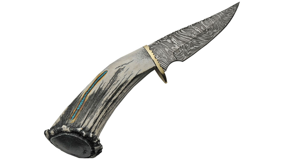 Rite Edge Skinner Knife, 5 Damascus steel blade, Elk stag handle with turquoise inlay, RU-EKDMB4