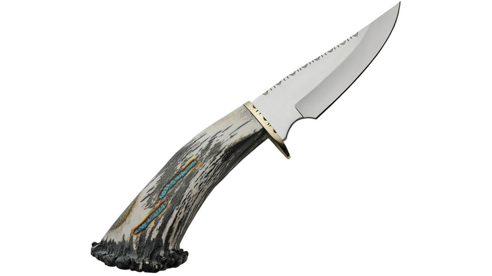 Rite Edge Skinner Knife, 5 mirror finish blade, Elk stag handle with turquoise inlay, RU-EKB4