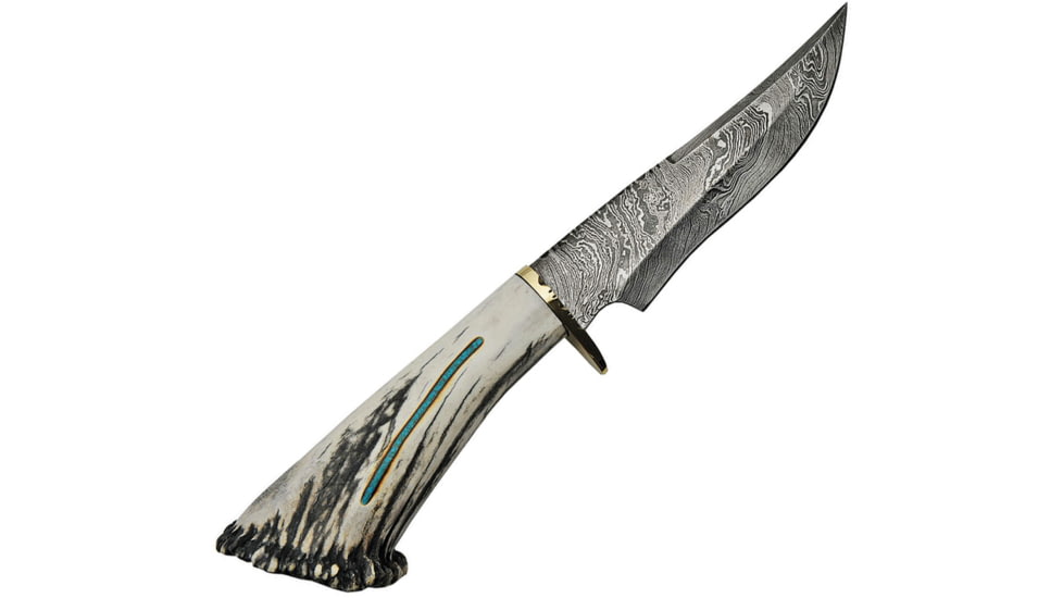 Rite Edge Skinner Knife, 6.5 Damascus steel skinner blade, Elk stag handle with turquoise inlay, RU-EKDMB3