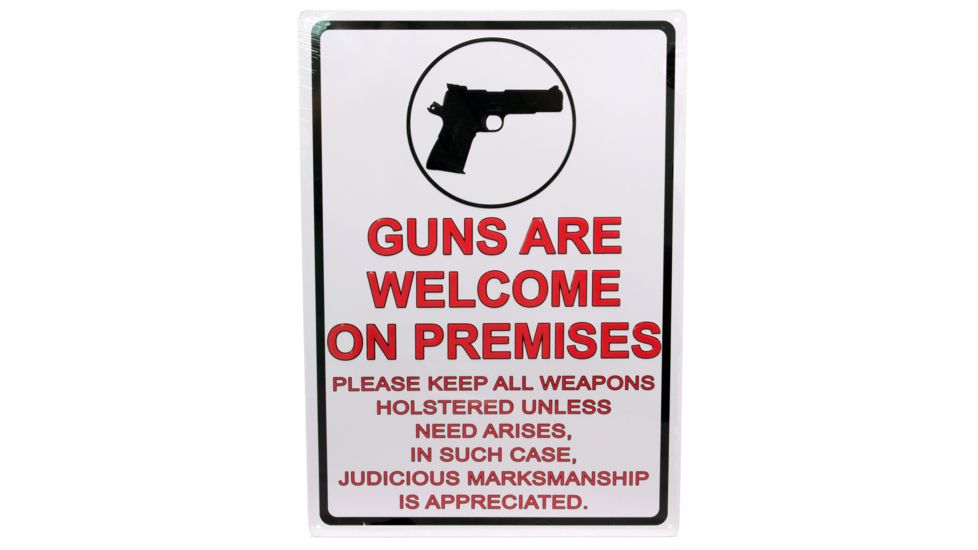 River's Edge 12in.x17in. Weatherpoof Rolled Edge Tin Sign, Guns Are Welcome, 16in. Description 184629