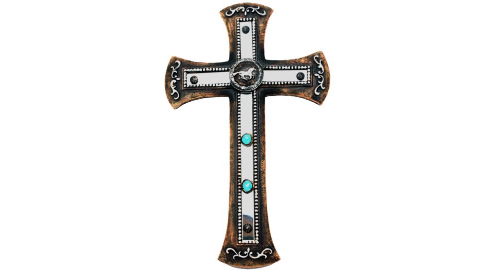 River's Edge Hand-Painted Poly Resin Cross, Mirrored Western w/ Horse, 9in. W x 2in. H x 14in. D 184001