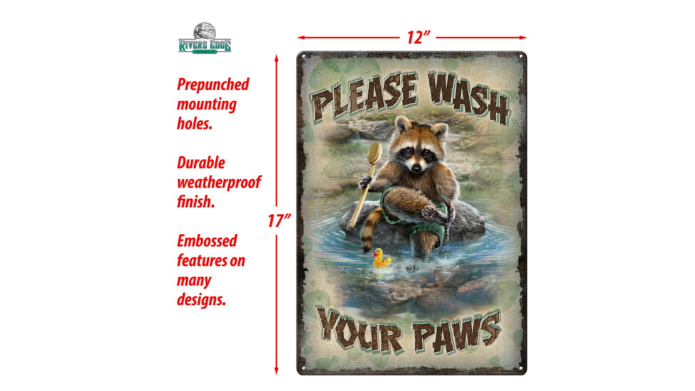 Rivers Edge Tin Sign, Wash Your Paws, 12 x 17 in, 1436