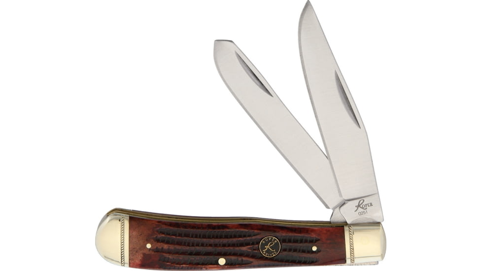 Roper Knives Tobacco Trapper Folding Knife, Satin 1065 Carbon Steel Clip/ Spey Blades, Brown Jigged Bone Handle, RP0002CTB