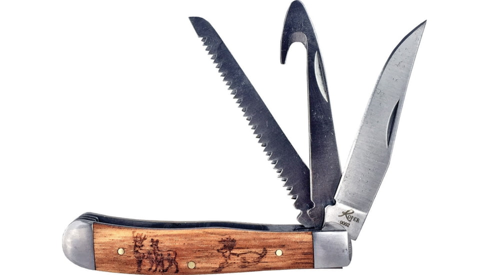 Roper Knives Trapper Three Blade Folding Knife, Satin 1065 Carbon Steel Clip, Saw, Guthook Blades, Zebra Wood Handle, SS Bolster, RP0098ZWD