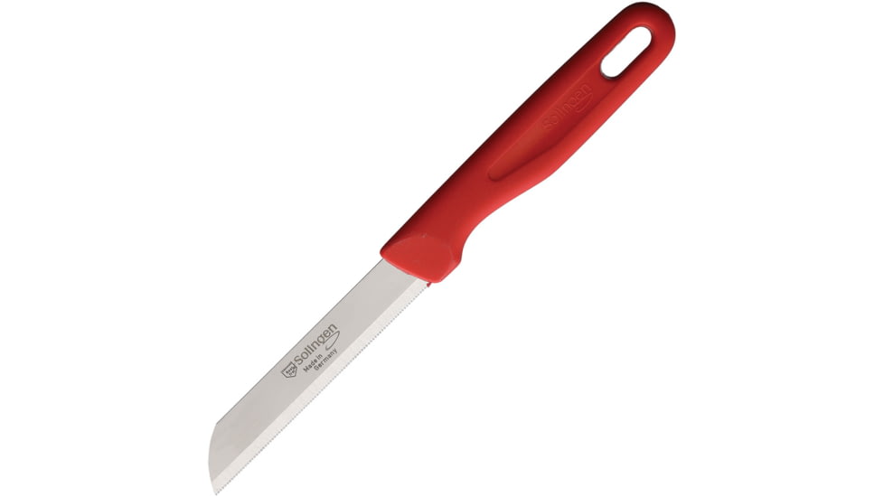 Rostfrei Solingen Serrated Vegetable/Fruit Knife, 7.25in Overall, 3.25in Satin Finish Serrated Solingen Steel Blade, Red Plastic Handle, FRUIT &amp; VEG KNIFE SERRATED