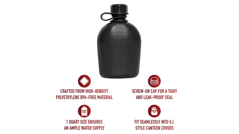 Rothco Genuine G.I. 3 Piece 1 Quart Plastic Canteen, Black, 1 Qt, 20427