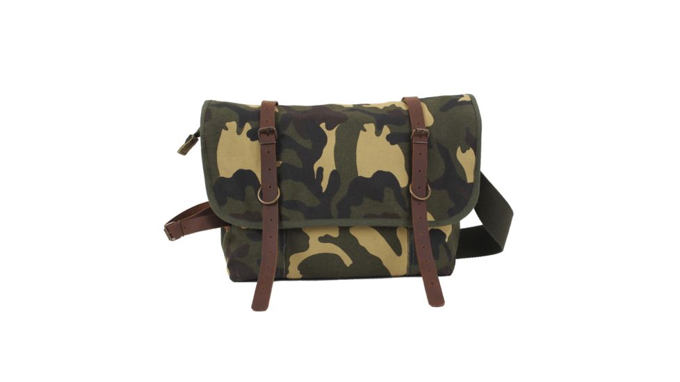 Rothco Vintage Canvas Explorer Shoulder Bag w/ Leather Accents, Woodland Camo, 9614-WoodlandCamo