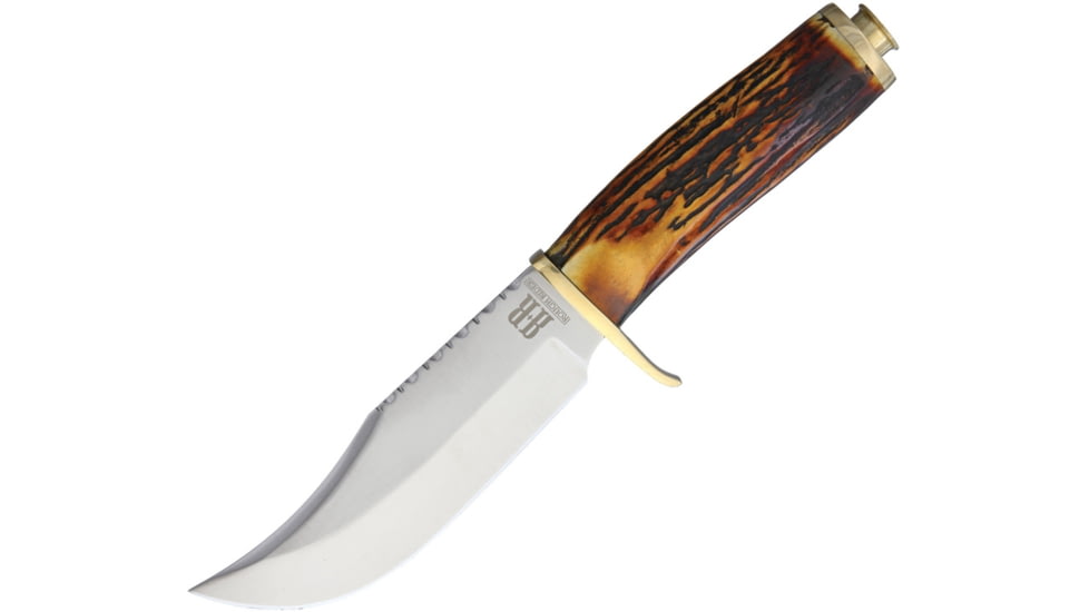 Rough Rider .45 Bowie Knife, 10in Overall, 5.5in Satin SS Clip Point Blade, Stag Bone Handle, Brass Guard, RR1939