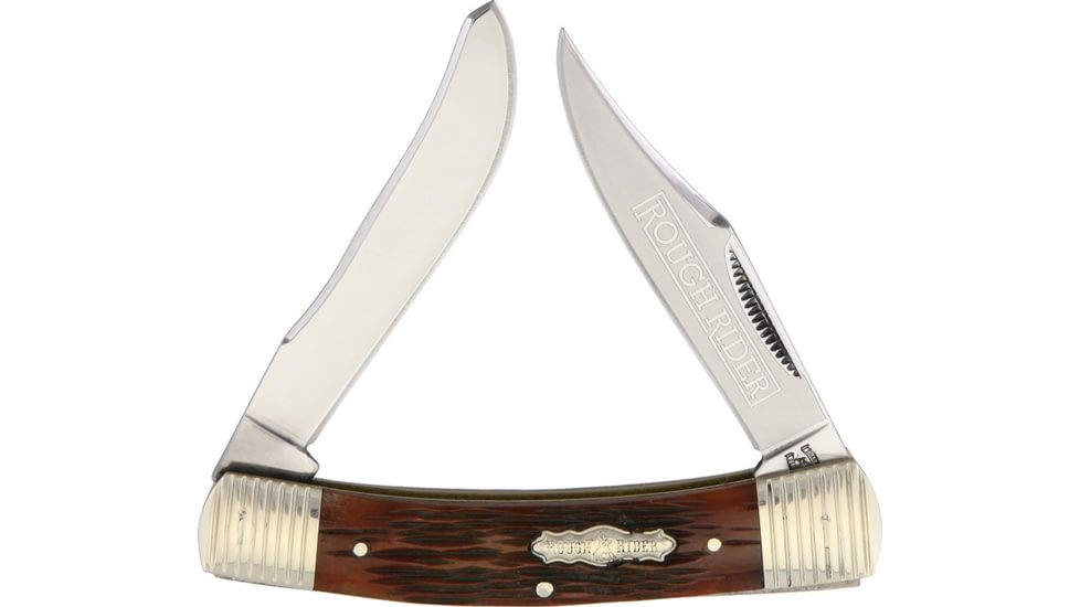 Rough Rider Bolster Stripe Moose Folding Knife, 440 SS Clip/ Spey Blades, Brown Jigged Bone Handle, Blade Etching, KC016 3.5in /RR1565