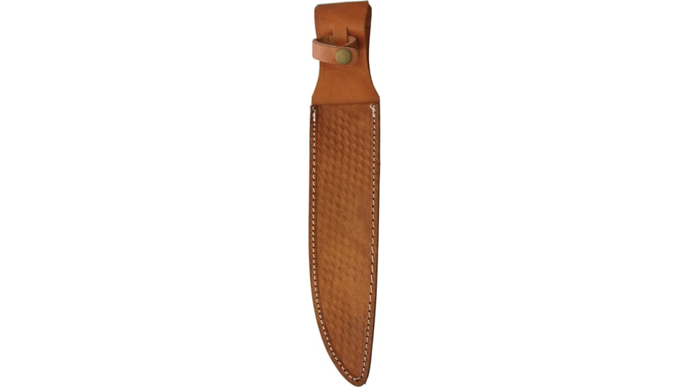 Rough Rider Bowie Micarta Coffin Handle Knife, 16.25in Overall, 10.5in Satin SS Blade, Black Micarta Handle, Brass Guard, Brown Leather Sheath, RR1643 / 1088
