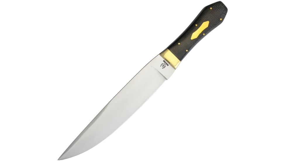Rough Rider Bowie Micarta Coffin Handle Knife, 16.25in Overall, 10.5in Satin SS Blade, Black Micarta Handle, Brass Guard, Brown Leather Sheath, RR1643 / 1088