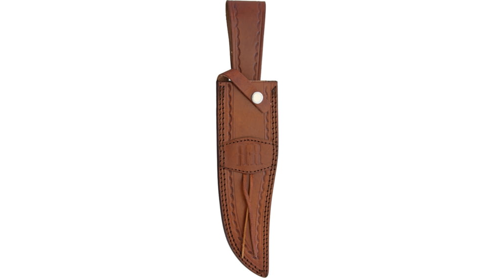Rough Rider Bowie Wood Knife, 14.5in Overall, 9in Satin SS Clip Point Blade, Brown Wood Handle, Brass Guard, Brown Leather Sheath, RR2007 / SM1083