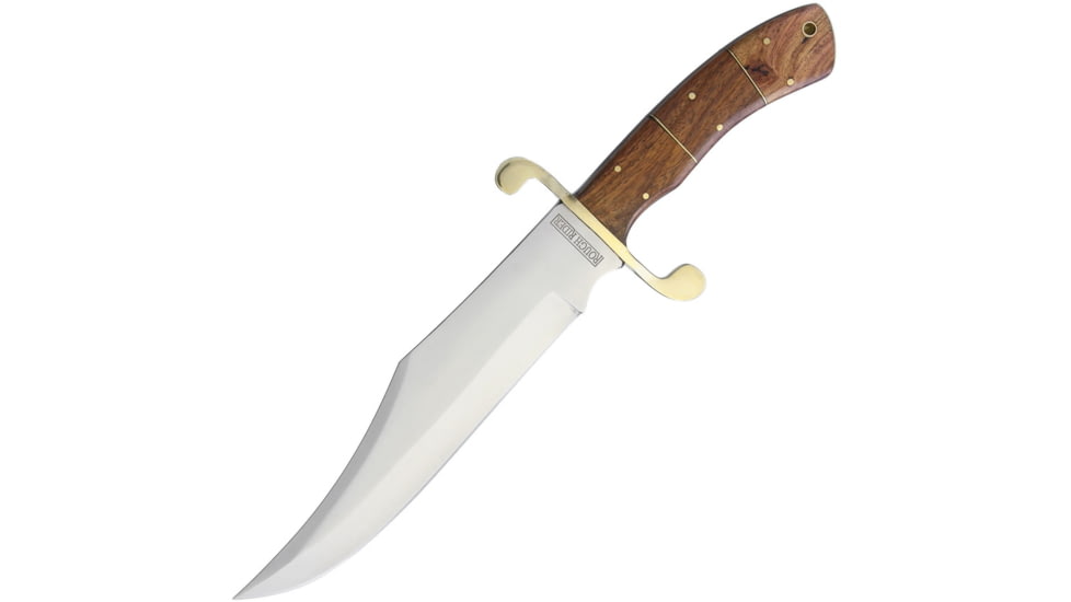 Rough Rider Bowie Wood Knife, 14.5in Overall, 9in Satin SS Clip Point Blade, Brown Wood Handle, Brass Guard, Brown Leather Sheath, RR2007 / SM1083